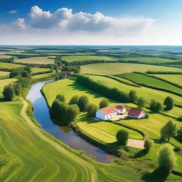 A picturesque landscape of the Lubelskie region in Poland, featuring rolling hills, lush green fields, and charming traditional houses