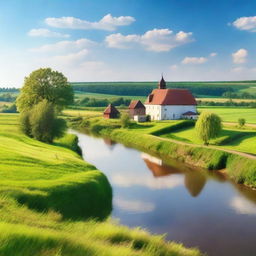 A picturesque landscape of the Lubelskie region in Poland, featuring rolling hills, lush green fields, and charming traditional houses