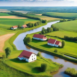 A picturesque landscape of the Lubelskie region in Poland, featuring rolling hills, lush green fields, and charming traditional houses