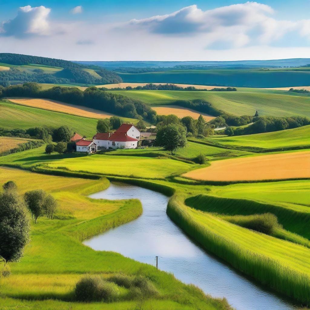 A picturesque landscape of the Lubelskie region in Poland, featuring rolling hills, lush green fields, and charming traditional houses