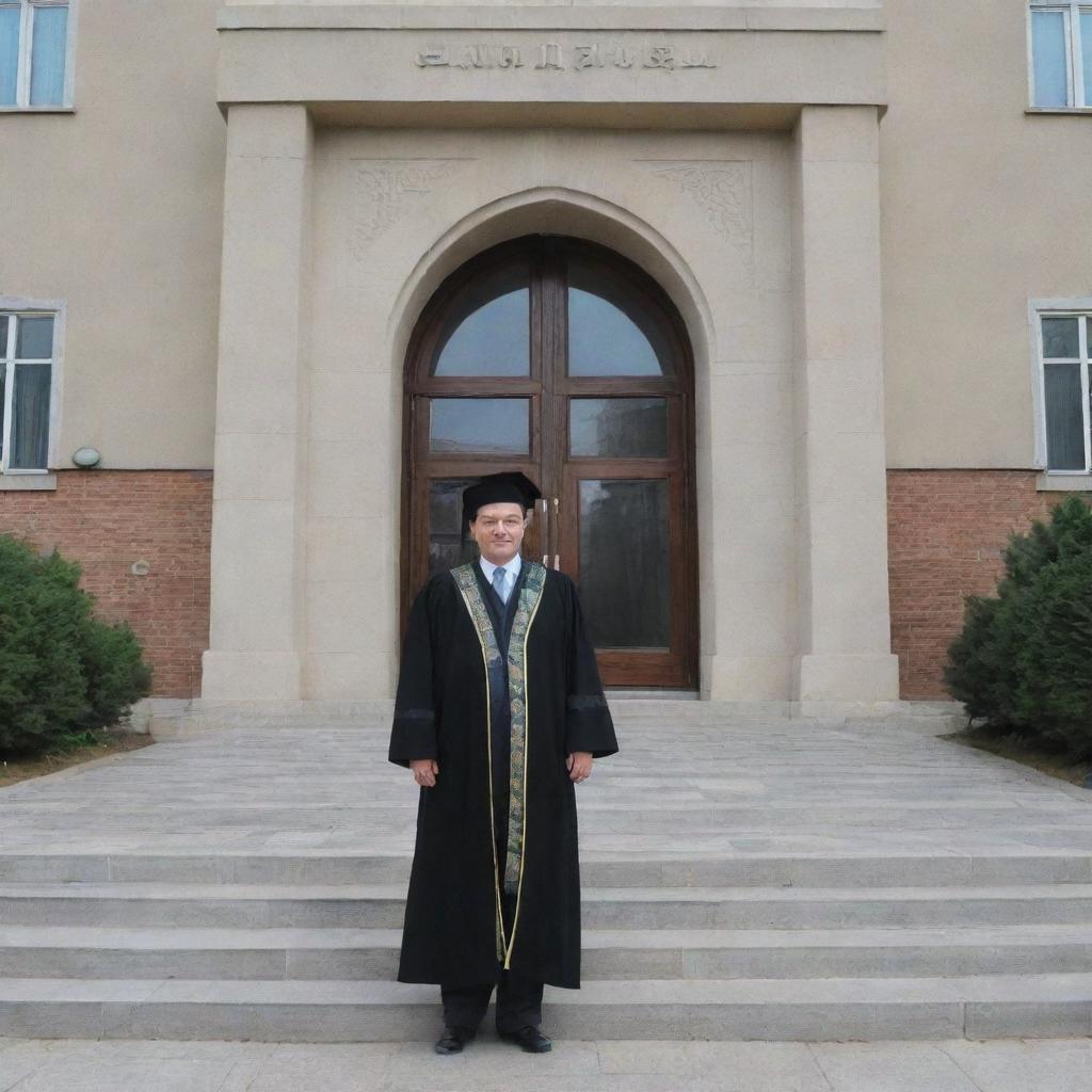 A learned rector emerging from the grand entrance of INHA University in Tashkent