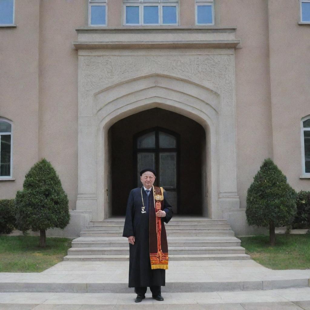 A learned rector emerging from the grand entrance of INHA University in Tashkent