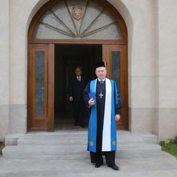 A learned rector emerging from the grand entrance of INHA University in Tashkent