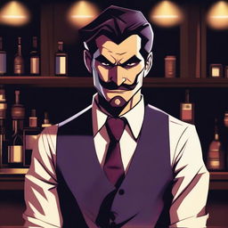 A depiction of a bartender with an evil glare