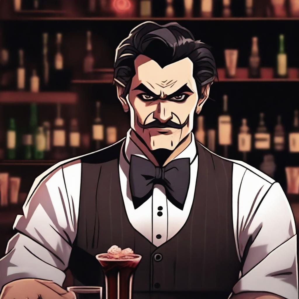 A depiction of a bartender with an evil glare