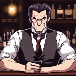 A depiction of a bartender with an evil glare