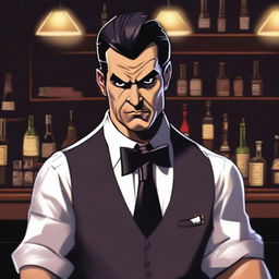 A depiction of a bartender with an evil glare