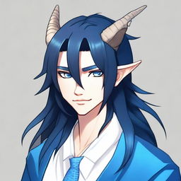 A 25-year-old young male dragon with light skin, shining blue eyes, and long black hair with blue streaks, always neatly styled