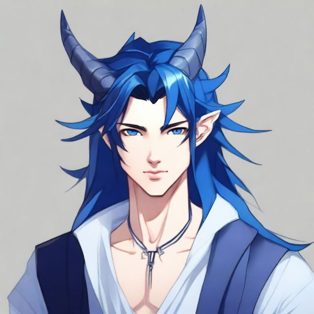 A 25-year-old young male dragon with light skin, shining blue eyes, and long black hair with blue streaks, always neatly styled