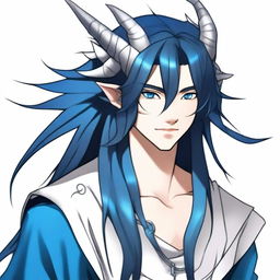 A 25-year-old young male dragon with light skin, shining blue eyes, and long black hair with blue streaks, always neatly styled