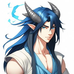 A 25-year-old young male dragon with light skin, shining blue eyes, and long black hair with blue streaks, always neatly styled