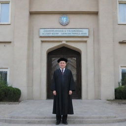 A learned rector emerging from the grand entrance of INHA University in Tashkent