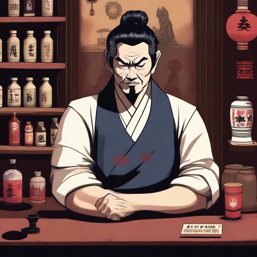 A depiction of a Chinese bartender from the Edo period with an evil glare