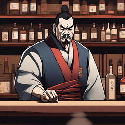 A depiction of a Chinese bartender from the Edo period with an evil glare