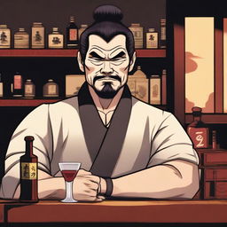 A depiction of a Chinese bartender from the Edo period with an evil glare