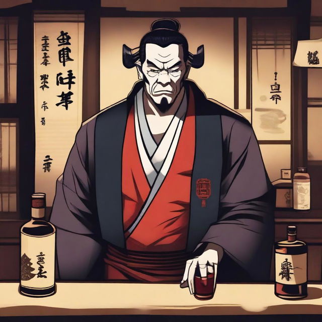 A depiction of a Chinese bartender from the Edo period with an evil glare