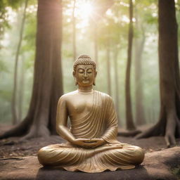 A serene image of Gautam Buddha meditating in a tranquil forest bathed in soft sunlight.