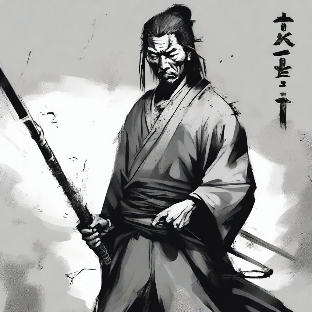 A depiction of a poorly dressed Chinese bandit from the Edo period, holding a yari weapon