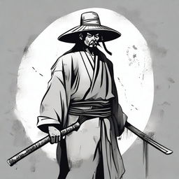 A depiction of a poorly dressed Chinese bandit from the Edo period, holding a yari weapon