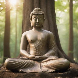 A serene image of Gautam Buddha meditating in a tranquil forest bathed in soft sunlight.