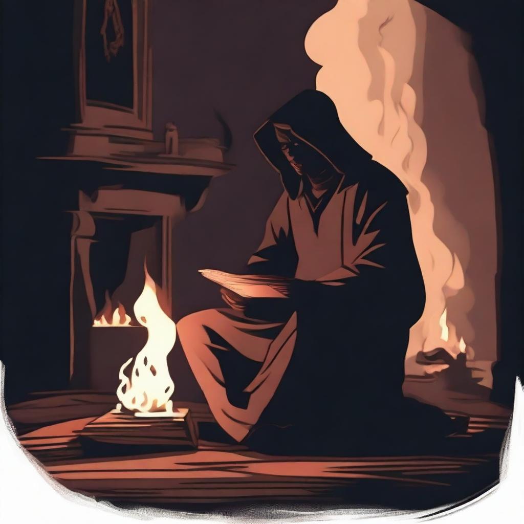 A depiction of a storyteller in dark tones, creating a frightening atmosphere