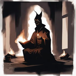 A depiction of a storyteller in dark tones, creating a frightening atmosphere