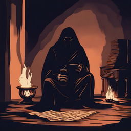 A depiction of a storyteller in dark tones, creating a frightening atmosphere