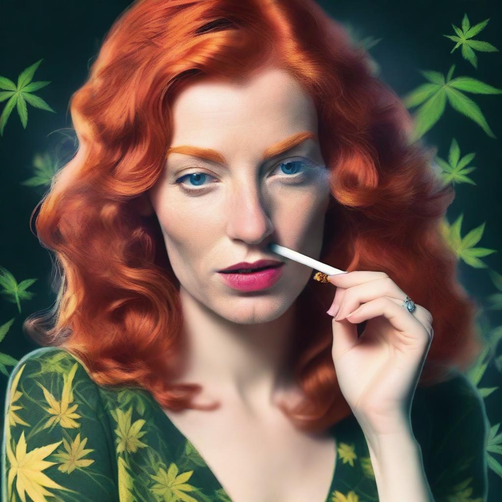 A sultry ginger-haired woman is casually smoking marijuana