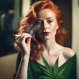 A sultry ginger-haired woman is casually smoking marijuana