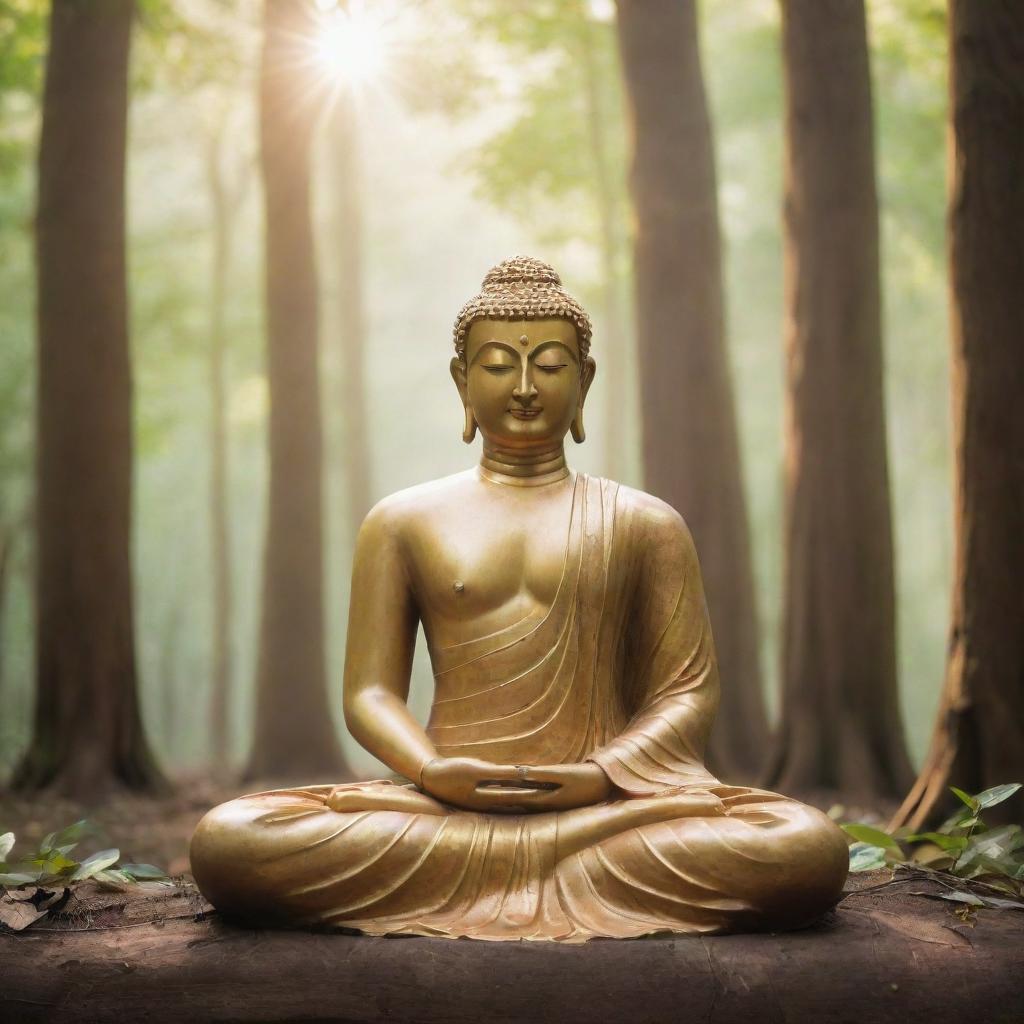 A serene image of Gautam Buddha meditating in a tranquil forest bathed in soft sunlight.