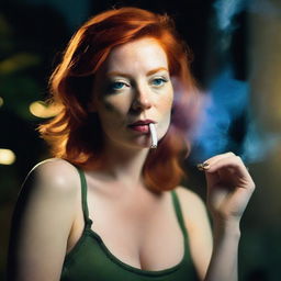 A sultry ginger-haired woman is casually smoking marijuana