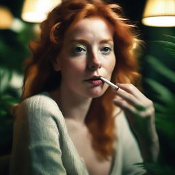 A sultry ginger-haired woman is casually smoking marijuana