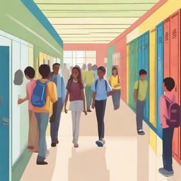 A bustling school scene with students walking in the hallways, teachers interacting with them, and colorful lockers lining the walls