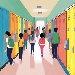 A bustling school scene with students walking in the hallways, teachers interacting with them, and colorful lockers lining the walls