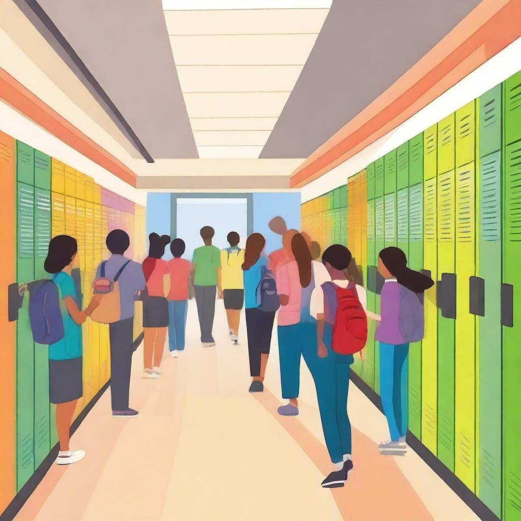 A bustling school scene with students walking in the hallways, teachers interacting with them, and colorful lockers lining the walls