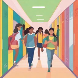 A bustling school scene with students walking in the hallways, teachers interacting with them, and colorful lockers lining the walls