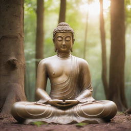 A serene image of Gautam Buddha meditating in a tranquil forest bathed in soft sunlight.