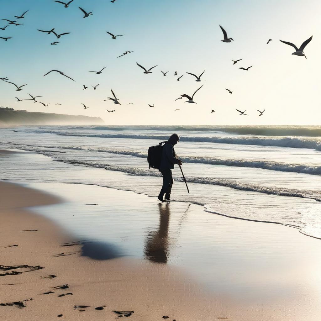 A person using a metal detector on a sunny beach, searching for hidden treasures