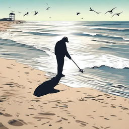 A person using a metal detector on a sunny beach, searching for hidden treasures