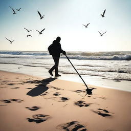 A person using a metal detector on a sunny beach, searching for hidden treasures