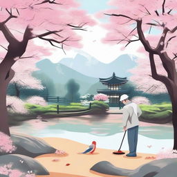 A person using a metal detector in a Japanese garden, searching for hidden treasures