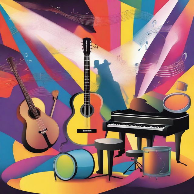 A vibrant and colorful scene depicting various musical instruments like guitars, drums, and pianos, with musical notes floating in the air