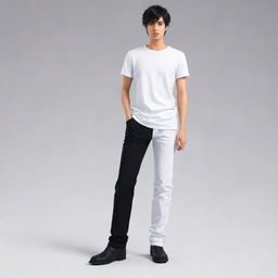 Anime style male character with Pakistani features, siren-black eyes and a short hairstyle, wearing white t-shirt, black pants and long boots.