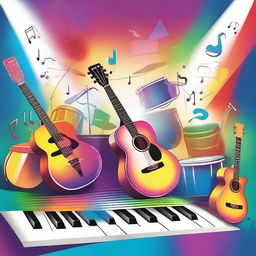 A vibrant and colorful scene depicting various musical instruments like guitars, drums, and pianos, with musical notes floating in the air