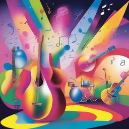 A vibrant and colorful scene depicting various musical instruments like guitars, drums, and pianos, with musical notes floating in the air