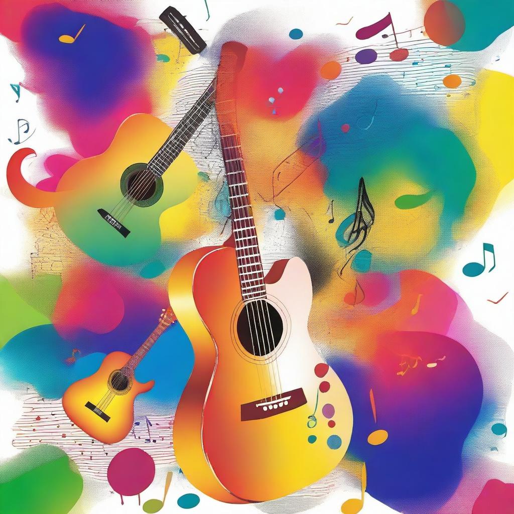 A vibrant and dynamic image featuring various musical instruments like guitars, pianos, and drums, with musical notes floating around