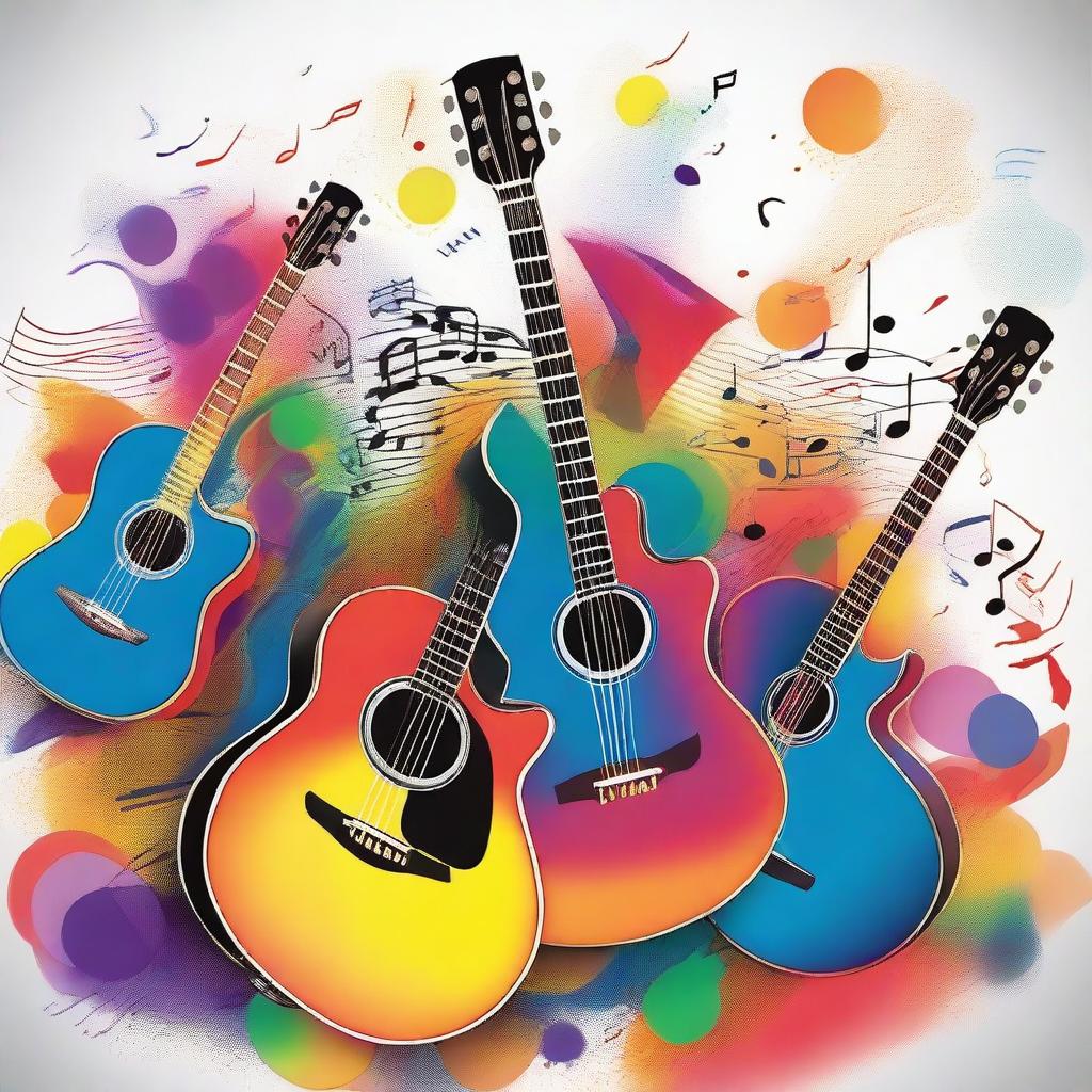 A vibrant and dynamic image featuring various musical instruments like guitars, pianos, and drums, with musical notes floating around