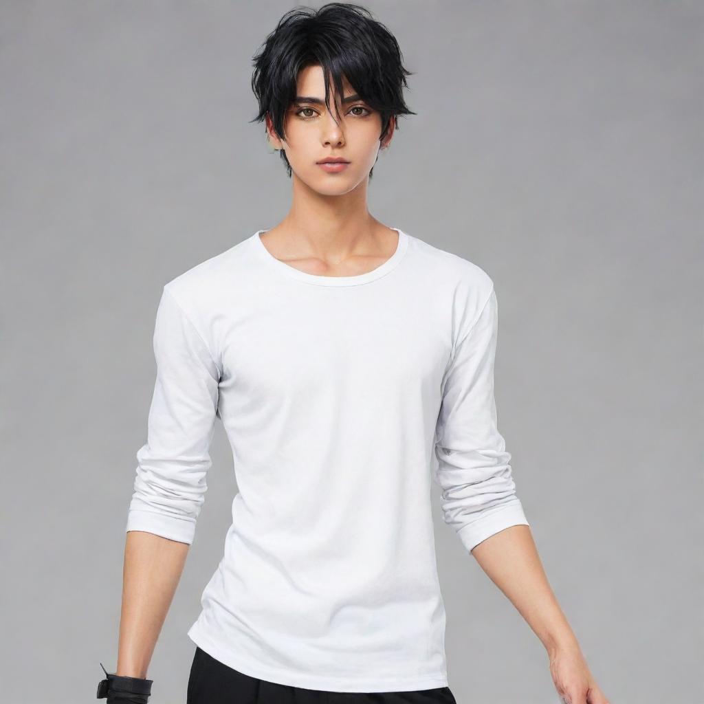 Anime style male character with Pakistani features, siren-black eyes and a short hairstyle, wearing white t-shirt, black pants and long boots.