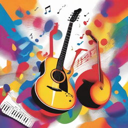 A vibrant and dynamic image featuring various musical instruments like guitars, pianos, and drums, with musical notes floating around