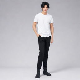 Anime style male character with Pakistani features, siren-black eyes and a short hairstyle, wearing white t-shirt, black pants and long boots.